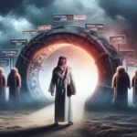 A person in traditional Middle Eastern attire stands before a glowing circular portal, surrounded by hooded figures and signs labeled “Personal Loan,” “Payday loan relief,” and other financial strategies.