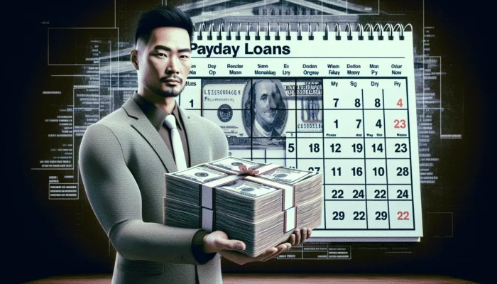 A person with money and a calendar showing month's end, representing a U.S. payday loan.