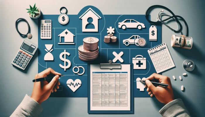 Illustration of a person signing a loan agreement, with symbols of debt consolidation, medical bills, and large purchases.