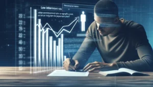 A person sits at a desk writing on paper with an open book nearby, while digital financial graphs and charts are projected above—highlighting smarter alternatives to payday loans and personal loans as statistics reveal an upward trend.