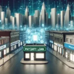 A digital illustration depicts a U.S. cityscape with tall futuristic buildings in the background and a row of payday lending storefronts in the foreground, connected by digital network symbols highlighting fintech innovations bridging both areas.