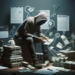 A person in a hooded sweatshirt sits on stacks of cash, counting money. Floating dollar bills, documents, and charts suggest themes of financial crime or payday loan negotiation. The scene is dimly lit and dramatic.