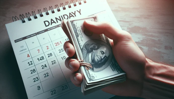 Hand holding cash with a calendar showing payday loan due date in background.