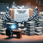 A person sits at a desk with a computer, surrounded by large stacks of money and a giant payday loan contract wrapped in chains and locks; papers, charts, and a Wisconsin payday loans comprehensive guide cover the dimly lit room.
