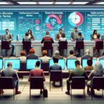 A conference room with people seated at desks facing large digital screens displaying financial charts, graphs, and statistics. Presenters sit at a front panel, sharing insights and trends for 2025 such as "Loan Terms" and "Payday Loan Data.