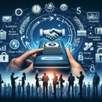 Two hands hold a smartphone displaying a handshake icon, surrounded by digital symbols of security, finance, and documents—an essential guide to mobile apps for business or fintech themes, including payday loans. Silhouetted people stand below.