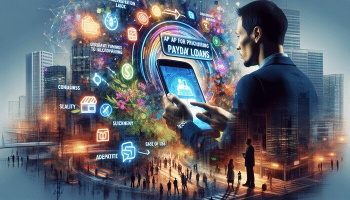 Person using smartphone app for quick payday loan, with icons of speed, convenience, flexibility, in busy urban setting.