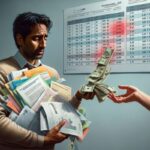 A man holding a pile of paperwork and bills receives a stack of cash, possibly from a Payday Loan. Behind him, a spreadsheet with highlighted numbers is pinned to the wall. The man appears stressed or concerned.