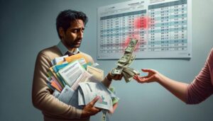 A man holding a pile of paperwork and bills receives a stack of cash, possibly from a Payday Loan. Behind him, a spreadsheet with highlighted numbers is pinned to the wall. The man appears stressed or concerned.