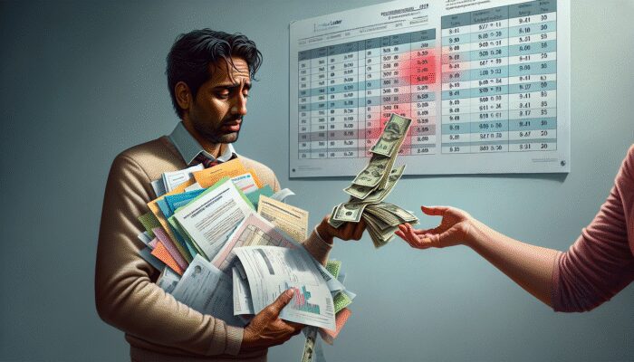 A man holding a pile of paperwork and bills receives a stack of cash, possibly from a Payday Loan. Behind him, a spreadsheet with highlighted numbers is pinned to the wall. The man appears stressed or concerned.