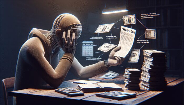 A stressed person at a desk with bills, a calendar, and a payday loan contract under dim lighting.