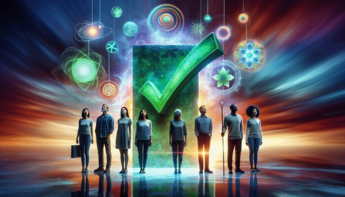 A diverse group before a glowing checklist with floating eligibility symbols in an abstract setting.