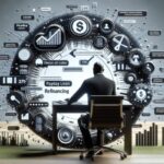 A person sits at a desk facing a large digital screen displaying financial icons, graphs, and terms like "Payday Loan Refinancing" and "Refinancing Strategies," suggesting analysis of financial data and lending options.