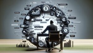 A person sits at a desk facing a large digital screen displaying financial icons, graphs, and terms like "Payday Loan Refinancing" and "Refinancing Strategies," suggesting analysis of financial data and lending options.
