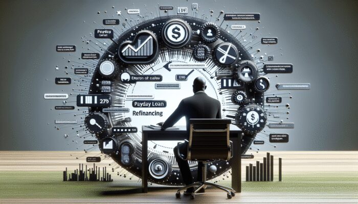 A person sits at a desk facing a large digital screen displaying financial icons, graphs, and terms like "Payday Loan Refinancing" and "Refinancing Strategies," suggesting analysis of financial data and lending options.