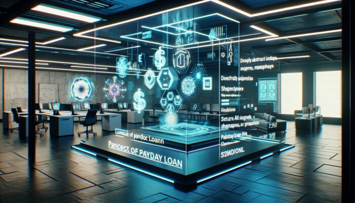 Futuristic interface with holographic screens showing financial data and secure transaction icons in a neon-lit office.