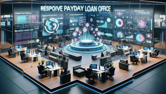 Futuristic payday loan office with advanced technology, enhancing customer satisfaction through fast digital services.