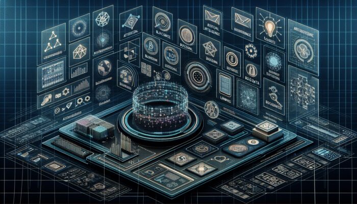 Futuristic interface with AI, blockchain, big data icons, enhancing user experience in secure peer-to-peer lending.