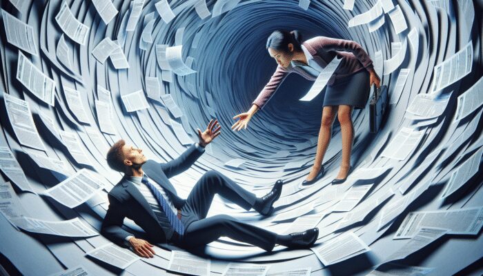 Person reaching for help from financial advisor to escape payday loan debt cycle.