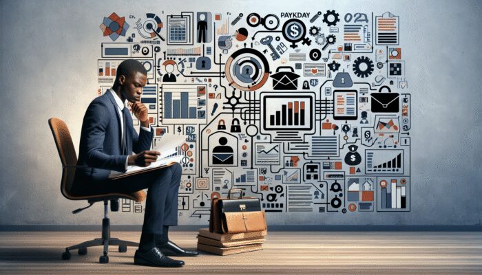 Infographic on payday lender regulations with charts, legal documents, and a professional analyzing data in an office.