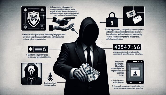 A shadowy figure in a dark suit giving cash to a distressed person, with unlicensed logos and threatening messages on a phone.