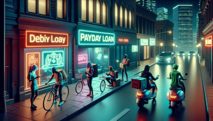 A night scene of gig workers near a neon-lit payday loan office in a busy urban street.