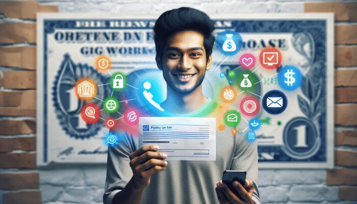 Person hopeful with payday loan application, surrounded by gig work and income symbols, blurred bank logos.