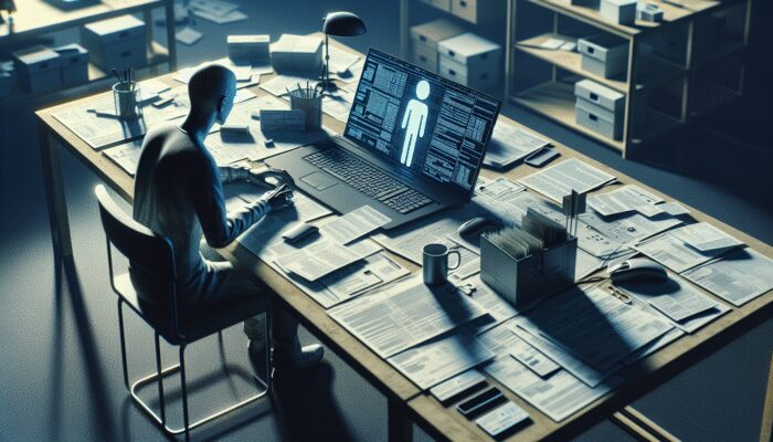 Person at desk filling out loan application online, surrounded by ID and income documents, laptop showing loan terms.