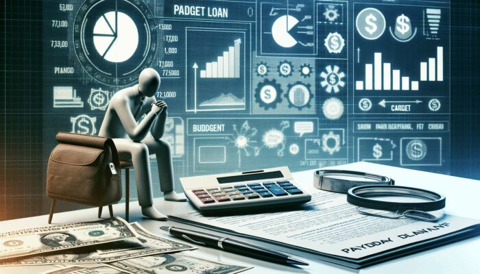 A person reviewing loan documents with budget charts and calculator, planning responsibly with payday loans.