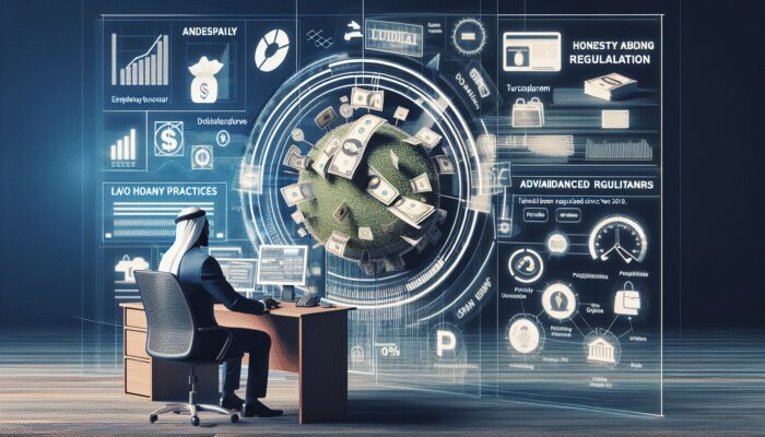 A person in traditional Middle Eastern attire sits at a desk facing a digital display featuring financial charts, an overview of CFPB regulations, icons, and a globe surrounded by floating US dollar bills.