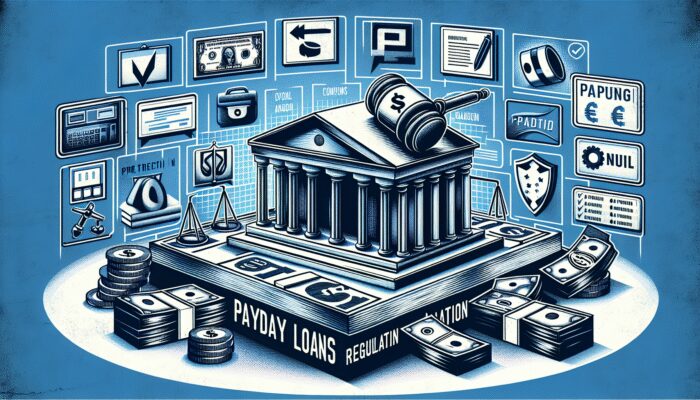Infographic on payday loan regulations with charts, legal texts, and icons on a blue and white background.