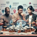 Five people stand around a table covered with money, scales, and two gavels. Behind them, floating icons and text relate to law and finance, hinting at a discussion on spotting predatory lenders or payday loan indicators in financial decisions.