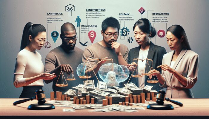Five people stand around a table covered with money, scales, and two gavels. Behind them, floating icons and text relate to law and finance, hinting at a discussion on spotting predatory lenders or payday loan indicators in financial decisions.