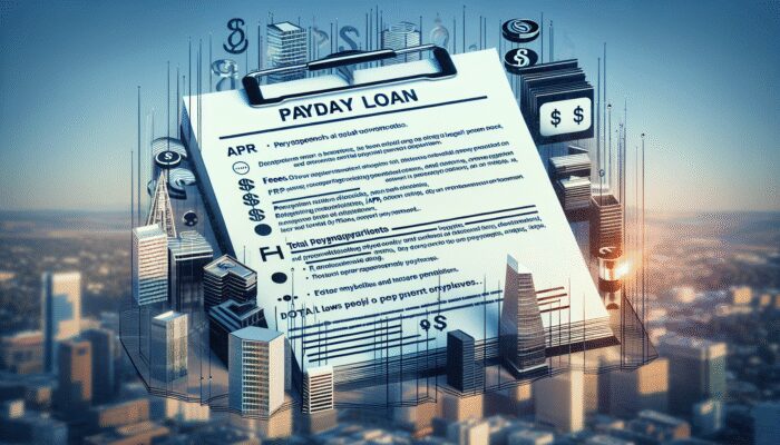 Close-up of "Truth in Lending Act" document detailing APR, fees, and repayment, set in a financial district.