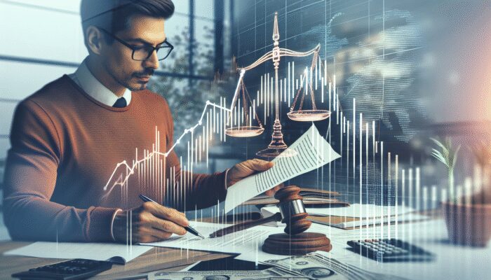 A lender in an office reviewing documents, with charts showing profit declines and a map indicating market exits due to stricter payday loan regulations.