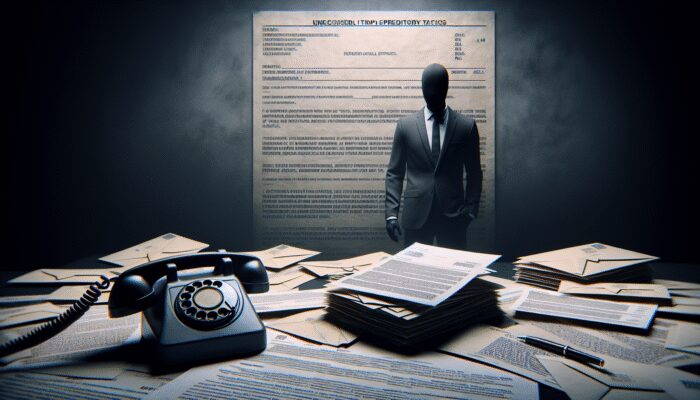 A shadowy figure in a suit symbolizes a predatory lender using aggressive tactics and fine print contracts.