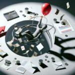 A gray mannequin holds a red balloon and dangles above a hole surrounded by money, coins, documents, a calculator, envelopes, and a red arrow—symbolizing financial struggle where essential budgeting strategies could help avoid payday loans.