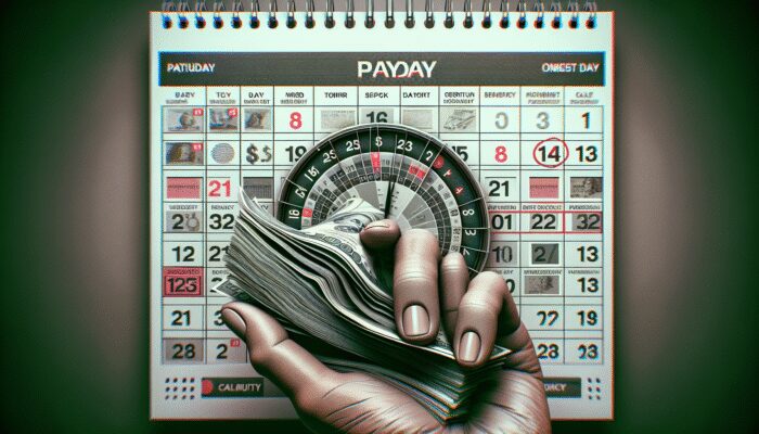 Hand holding cash with a calendar showing circled payday in background, symbolizing payday loan urgency and relief.