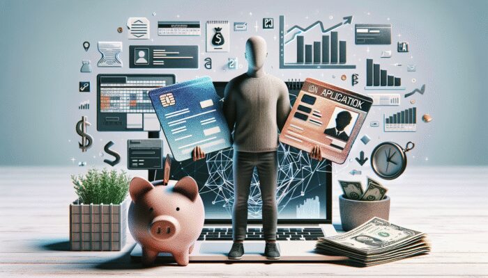 Person with ID and paycheck near laptop showing loan application, calendar, and piggy bank in background.