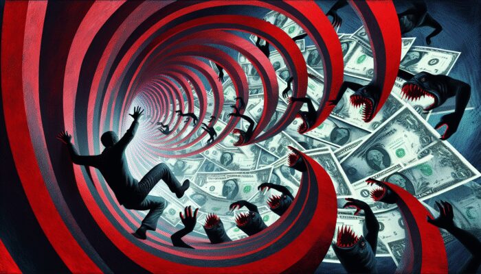 A person trapped in a debt spiral, reaching for cash, surrounded by loan sharks and financial instability.