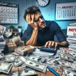 A man sits at a cluttered desk covered with cash, paperwork, and a calculator, looking stressed. Payday loan costs and calendars are visible in the background, emphasizing the financial pressure of US payday loans.