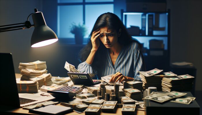 Person counting cash with concern at cluttered desk, highlighting payday loan fees.