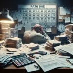 A person sits at a cluttered desk covered in paperwork, calculators, and folders, with their head in their hands. Behind them, a large schedule board and clock highlight the stress of payday loan repayment in a deadline-driven environment.