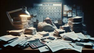 A person sits at a cluttered desk covered in paperwork, calculators, and folders, with their head in their hands. Behind them, a large schedule board and clock highlight the stress of payday loan repayment in a deadline-driven environment.