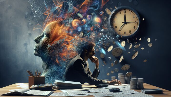 A person reviewing financial documents at a desk, surrounded by calendars and clocks.