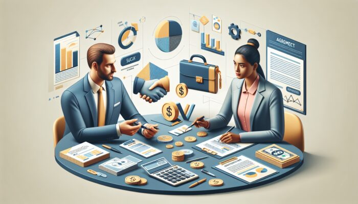 Person discussing financial documents with banker, proposing repayment plan for extension agreement.