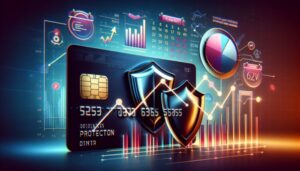 A credit card with security shields in front, surrounded by digital financial graphs, charts, and data icons, representing the cybersecurity and protection of financial information for smarter financial choices.