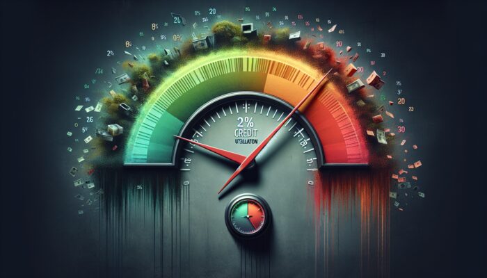 A credit score meter decreasing from green to red, showing 30% utilization and late payment impact.