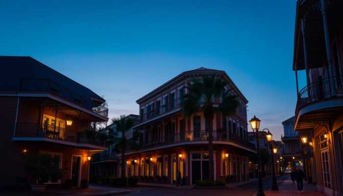 A cozy New Orleans street scene at dusk with historic houses, glowing street lamps, and a welcoming atmosphere for residents seeking financial solutions.