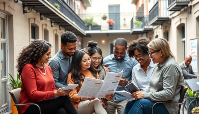 A diverse group of individuals aged 25 to 54 discussing personal finance in a New Orleans urban setting, featuring homeowners and renters, with financial documents and digital devices amidst vibrant street life.